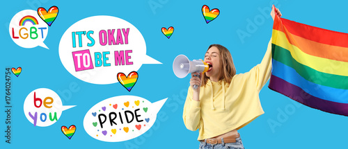 Young woman with LGBT flag ...