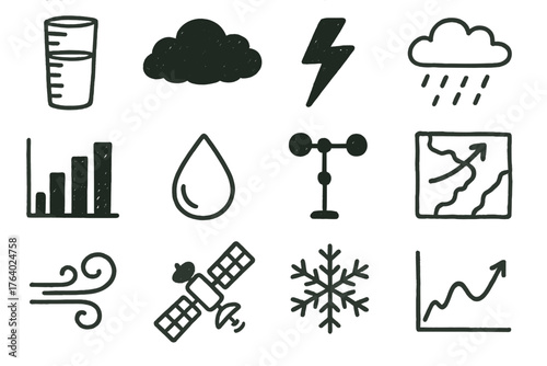 Precipitation Trends set of icons in doodle hand-drawn vector style: rain gauge, dark cloud, lightning bolt, drizzle icon, bar graph, water droplet, weather station, forecast map,