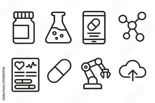 Pharmaceutical Tech outline icon set: pill bottle, lab flask, digital prescription, molecule icon, health data dashboard, medicine capsule, robotic arm, cloud storage.