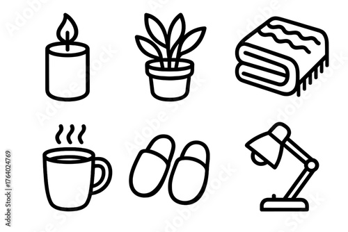 Relaxation Spaces outline icon set: candle icon, potted plant, cozy blanket, warm mug, slippers, reading lamp.