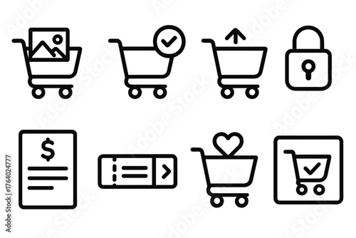 E-Commerce Shopping Carts outline icon set: product thumbnail in cart, delivery estimate badge, shipping method selector, secure payment icon, order summary card, coupon input box,