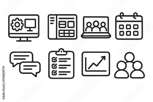 Team Collaboration set of icons in doodle hand-drawn vector style: digital workspace, project dashboard, team video icon, shared calendar, conversation thread, checklist board,