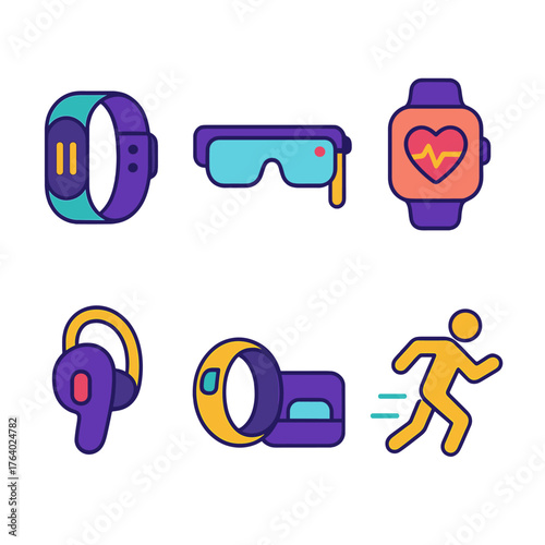 Wearable Tech flat icons: fitness band, AR glasses, heart monitor, GPS tracker, earpiece, smart ring, sleep sensor, motion icon.