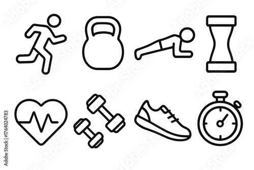 Fitness Routines outline icon set: running icon, kettlebell, plank pose, resistance band, heart rate monitor, dumbbell pair, sports shoe, stopwatch.