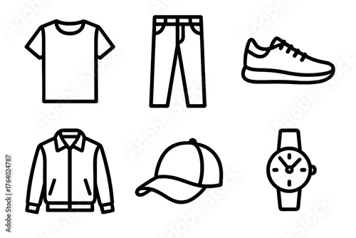 Daily Outfits outline icon set: t-shirt, jeans, sneakers, jacket, hat, watch.