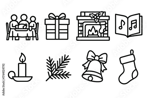 Holiday Heritage outline icon set: family dinner table, wrapped gift, fireplace mantle, caroling book, candlelight, evergreen branch, festive bell, wool stocking.