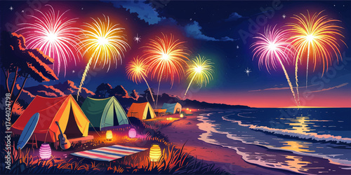 Vibrant Beach Camping Scene with Fireworks and Colorful Tents at Night – Festive Summer Celebration Illustration