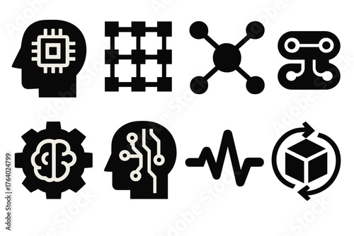 Intelligent Systems silhouette set: artificial intelligence head, algorithm grid, connected device hub, data neural link, machine learning gear, cognitive circuit, AI pulse,