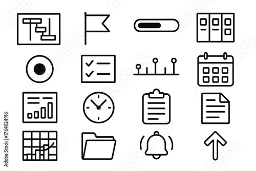 Project Summary outline icon set: Gantt chart, milestone flag, progress bar, task board, status dot, checklist, timeline bar, calendar, report sheet, clock, clipboard, document,