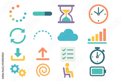 Loading flat icons: spinning circle, progress bar, hourglass, clock, arrows in loop, dotted line, cloud, bar chart, download arrow, upload arrow, checklist, battery charging, gears