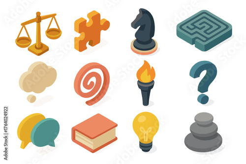 Symbolic critique set icons in modern isometric flat vector style: scales of justice, puzzle piece, chess piece, labyrinth, thought bubble, spiral, torch flame, question mark,