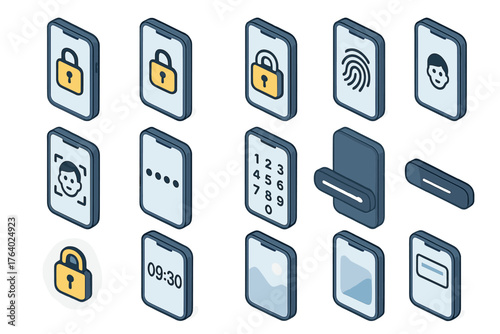 Lockscreen Basics set icons in modern isometric flat vector style: locked smartphone, unlocked smartphone, padlock on screen, fingerprint unlock, face scan unlock, password dots,