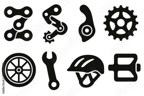 Bicycle Tensioner silhouette set: bicycle chain, derailleur, gear shifter, sprocket, wheel, wrench, helmet, pedal crank.