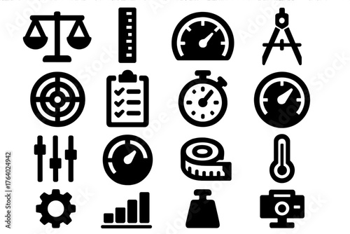 Calibration silhouette set: scale, ruler, gauge, compass tool, target, checklist, stopwatch, dial, slider, knob, measuring tape, thermometer, gear, bar chart, weight, laser level.