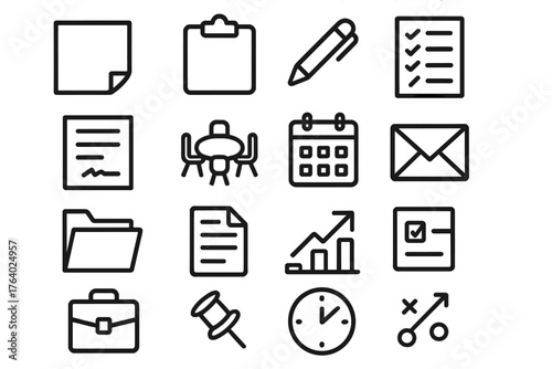 Office Post-It outline icon set: sticky note, clipboard, pen, checklist, contract, meeting table, calendar, envelope, folder, document, upward arrow, task card, briefcase, pin,