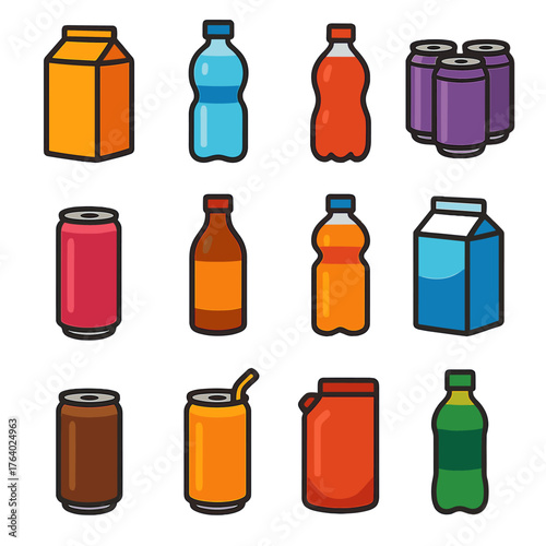 Beverage Packaged flat icons: juice carton, water bottle, soda bottle, six-pack cans, energy drink can, kombucha bottle, sports drink, boxed milk, canned coffee, canned cocktail,
