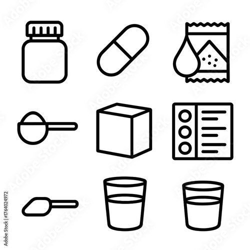 Supplement Form outline icon set: pill bottle, capsule, droplet, powder packet, measuring spoon, supplement box, dosage chart, water glass.