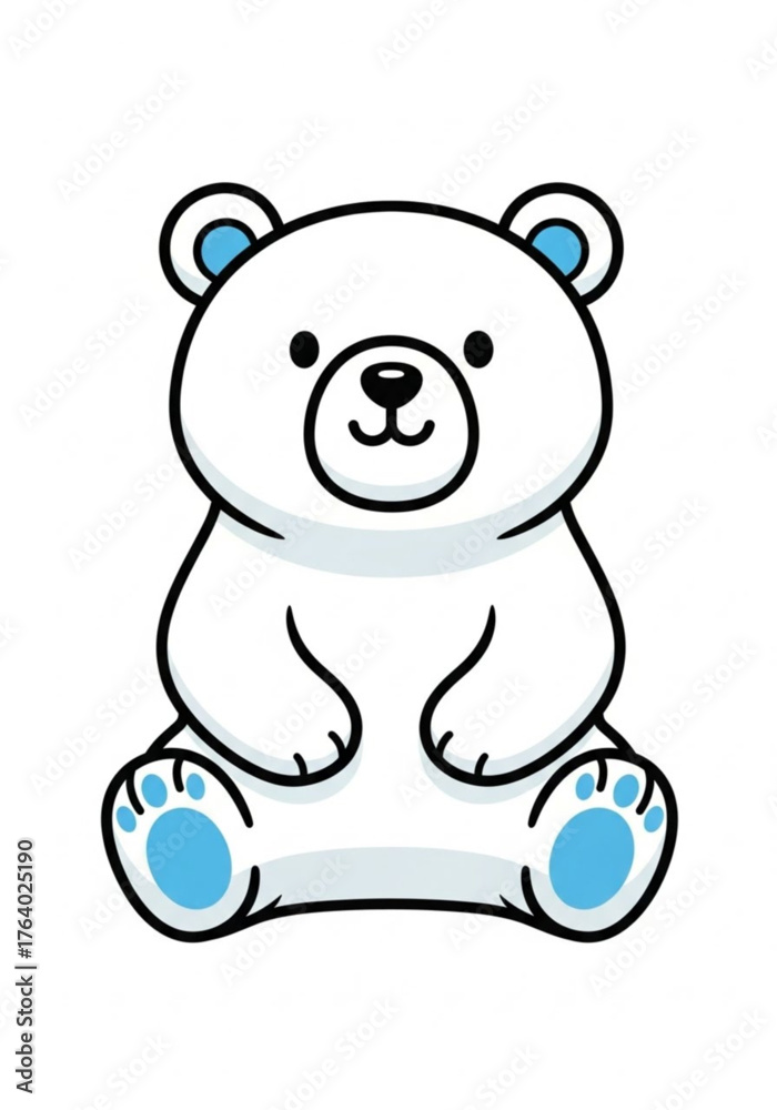 Fototapeta premium A charming polar bear, rendered in a clean illustration style, embodies playful simplicity. The bear sits with its paws and features accentuated by soft colors and defined outlines. 