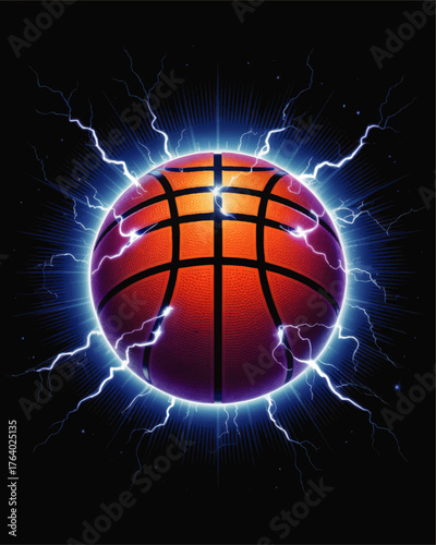 Glowing Basketball with Electric Blue Lightning on Black Background – Dynamic Sports Illustration, Energy and Power Concept Art