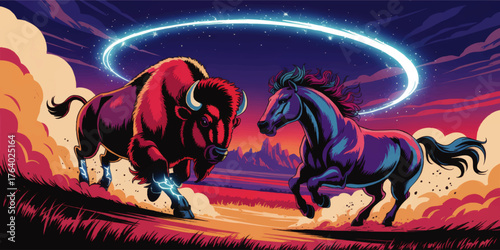 Vibrant Western Art Illustration of Buffalo and Horse Running at Sunset with Starry Sky and Neon Energy Ring