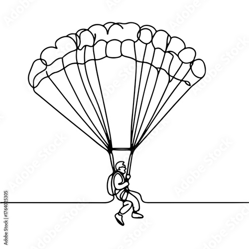 Senior man skydiving with parachute single line illustration