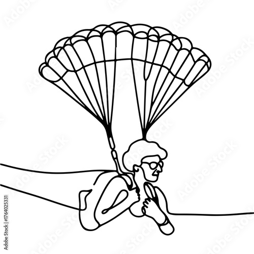 Elderly woman skydiving with open parachute single line illustration