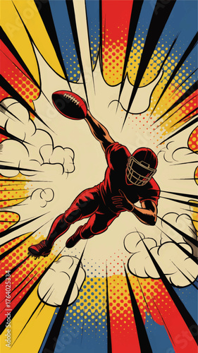 Dynamic American Football Player Comic Pop Art – Action Hero Athlete With Ball, Retro Halftone Style, Vibrant Colors