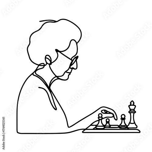 Elderly woman playing chess single line illustration