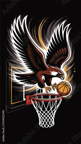 Dynamic Eagle Slam Dunk Artwork – Fierce Bird with Basketball, Athletic Mascot Illustration on Black, Sports Team Graphic Design