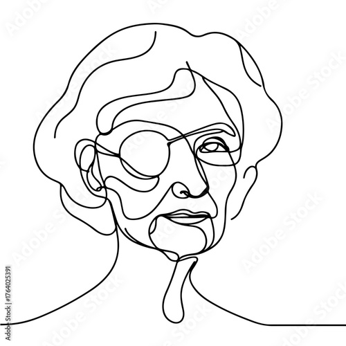 Elderly woman with eye patch portrait single line illustration