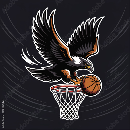 Fierce Bald Eagle Mascot Dunking Basketball in Hoop – Dynamic Sports Logo, Vector Illustration on Black Background