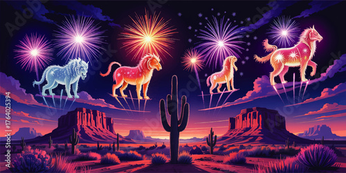 Vibrant Desert Night Landscape with Fireworks Forming Mystical Animal Constellations Over Monument Valley, Cactus, and Purple Sky