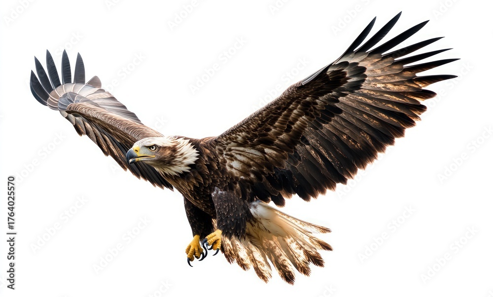 Obraz premium Majestic bird of prey soaring with wings spread against a white background