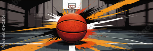 Dynamic Abstract Basketball Art on Indoor Court with Energetic Splatter, Modern Sports Illustration for Posters and Branding