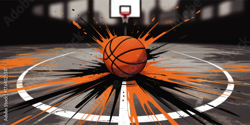 Dynamic Basketball Splash Art Illustration on Indoor Court with Vibrant Orange and Black Paint Effects, Sports Concept Background
