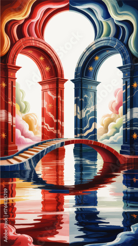 Surreal fantasy bridge connecting red and blue arched gateways, mystical clouds, reflections on water, dreamy colorful illustration