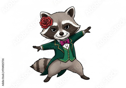 An anthropomorphic raccoon, elegantly attired in a refined emerald jacket and a delicate bow tie, with a red rose adorning its head, radiating charm and a hint of playful sophistication.