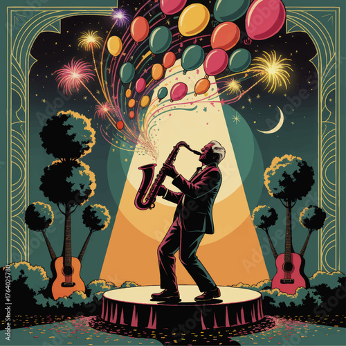 Jazz Saxophone Player Spotlight on Stage with Fireworks, Balloons, Guitars, and Moonlit Night – Vibrant Retro Art