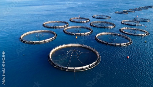 Aerial view of aquaculture fish farm cages in open ocean Sustainable seafood.