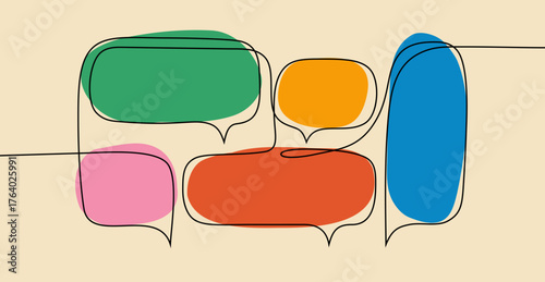 Continuous Line Speech Bubbles. One Line Text Boxes. Vector Dialogue Frames with Blob Balloons. Conversations Chat Clouds Illustration.