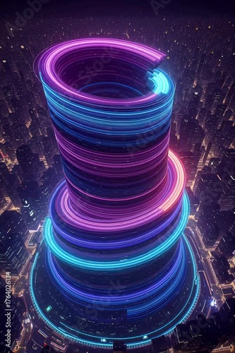Bright neon spirals light up a bustling city skyline at night in a captivating display of motion and energy