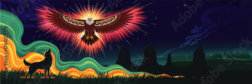 Majestic Bald Eagle Spirit and Howling Wolf Against Starry Night Sky – Colorful Indigenous Art Landscape Illustration