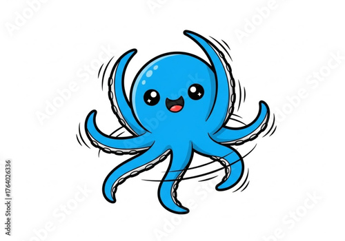 A cheerful, animated blue octopus radiates with contagious joy, its tentacles swirling in a playful dance, against a backdrop.
