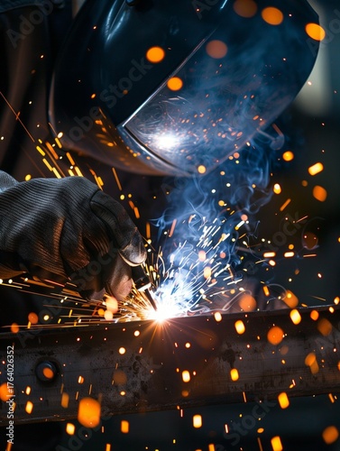 Close-up of faceless worker welding metal, bright electric sparks, industrial energy theme.