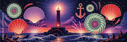 Vibrant Nautical Illustration with Lighthouse, Seashells, Nautilus, Anchor and Ocean Waves at Sunset in Retro Style
