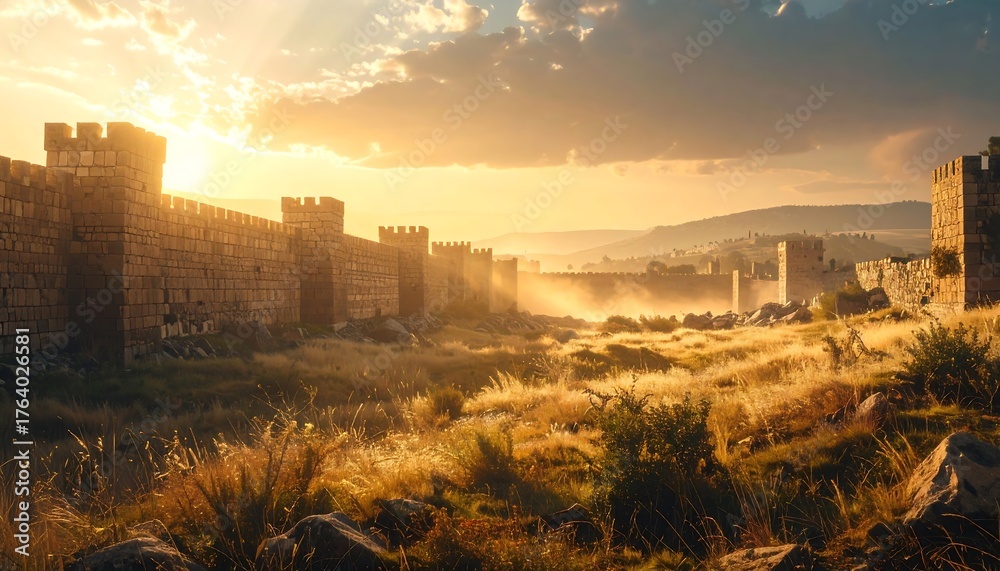 Fototapeta premium Ancient City Walls at Sunrise Historic Stone Fortress in Golden Light.