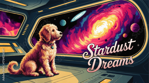 Adorable Dog in Spaceship Window Gazing at Colorful Galaxy, Stardust Dreams, Vibrant Space Art, Retro Futuristic Illustration