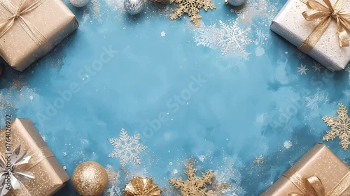 Holiday gift wrapping setup with golden decorations and snowflakes on blue background