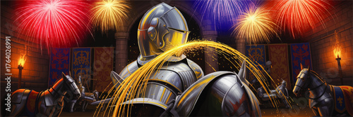 Medieval Knight Jousting Tournament Celebration with Fireworks in Castle Hall, Horses in Armor, Colorful Banners, and Torches