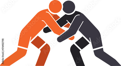 Dynamic wrestlers locked in intense grappling match, showcasing strength, competition, and athletic prowess in a bold, modern graphic style
